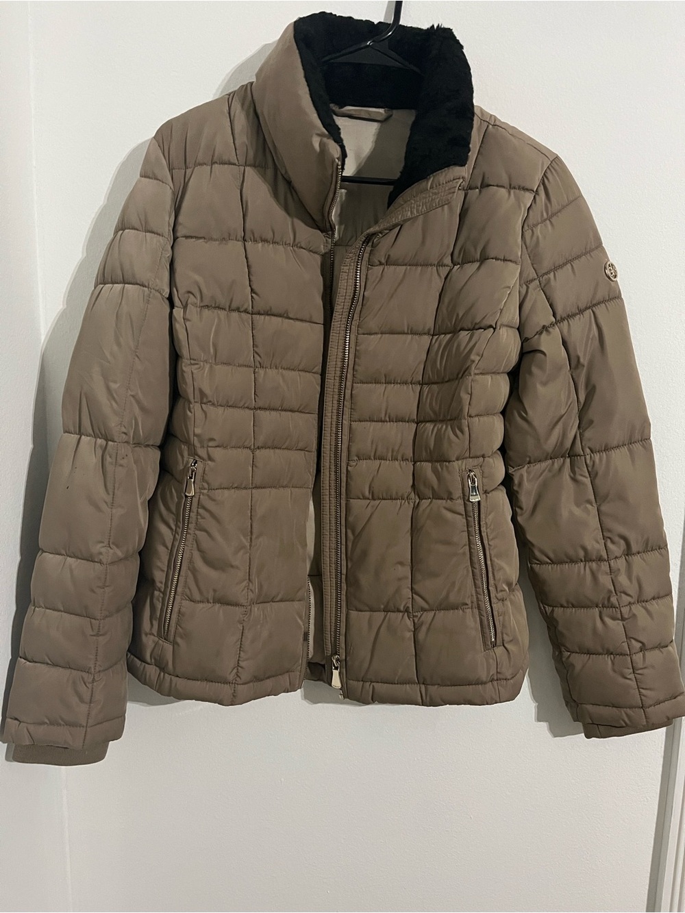 Calvin Klein Taupe Quilted Puffer Jacket with Black Faux Fur Collar